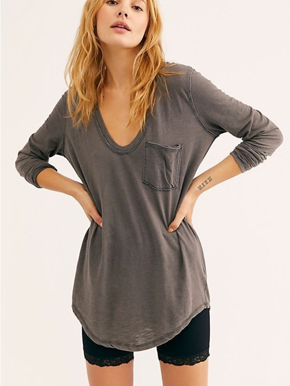 We The Free Washed Gray V-Neck Long Sleeve Pocket Tee